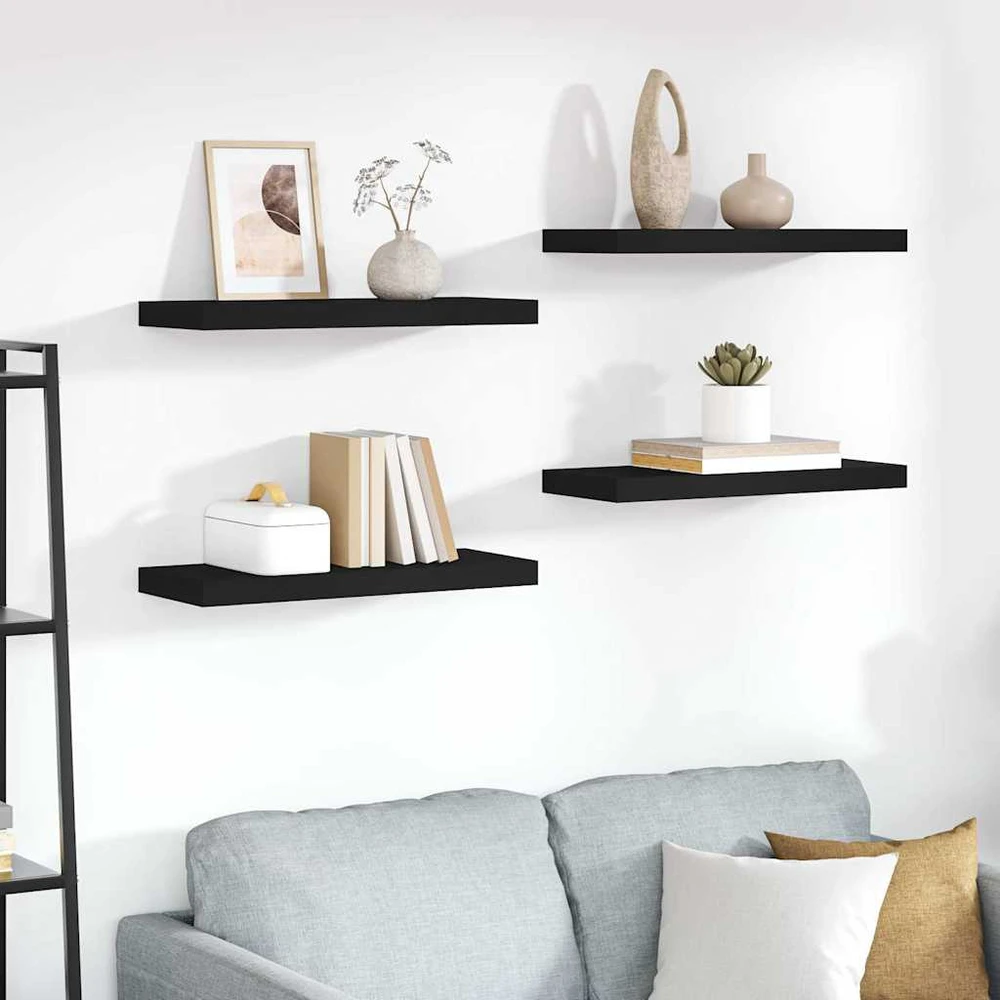 Pakabinamos lentynos, 4vnt., juodos, 60x23,5x3,8cm, MDF