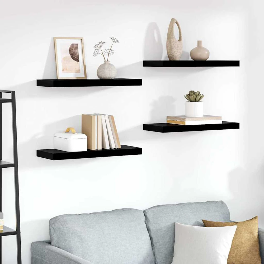 Pakabinamos lentynos, 4vnt., juodos, 60x23,5x3,8cm, MDF