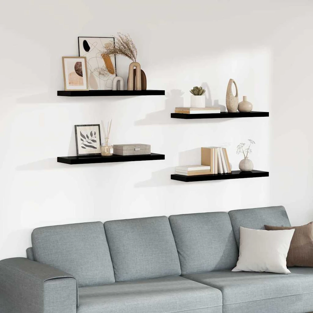 Pakabinamos lentynos, 4vnt., juodos, 80x23,5x3,8cm, MDF