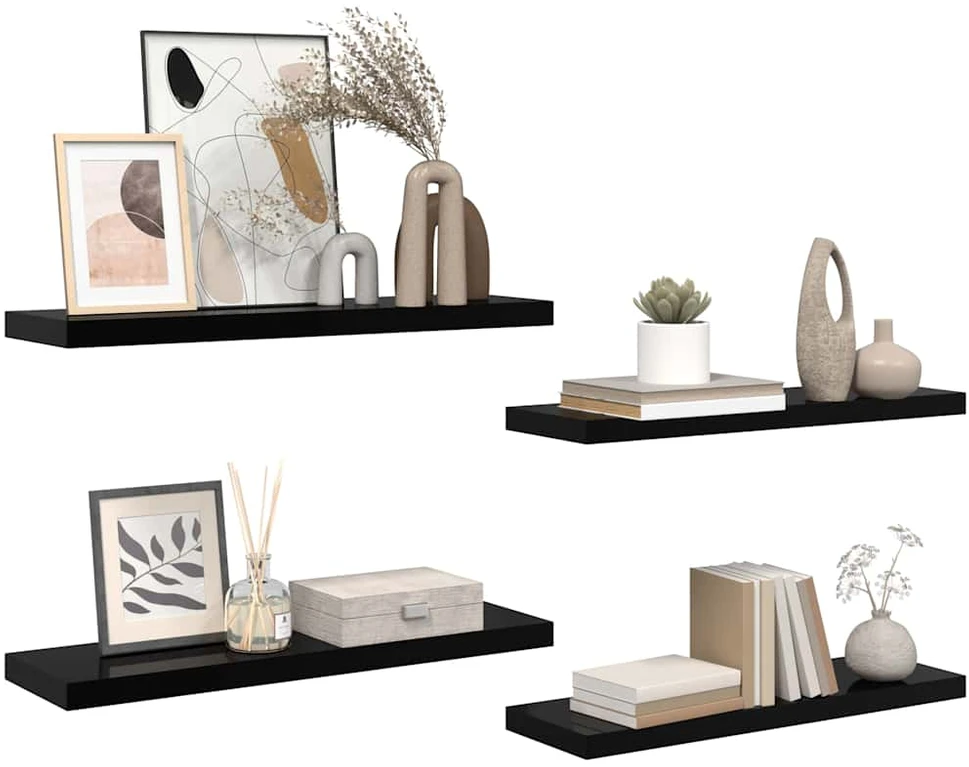 Pakabinamos lentynos, 4vnt., juodos, 80x23,5x3,8cm, MDF