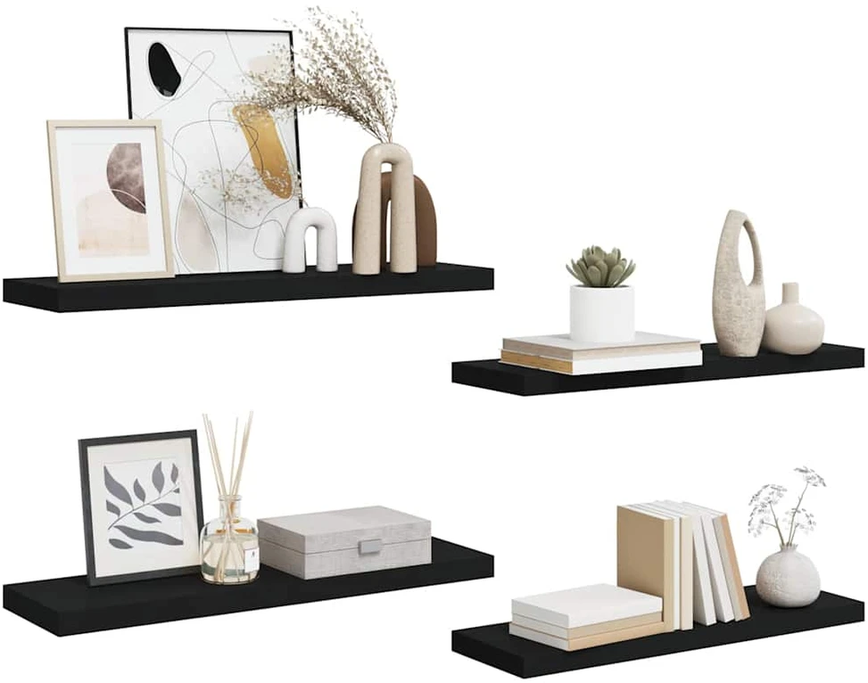 Pakabinamos lentynos, 4vnt., juodos, 80x23,5x3,8cm, MDF