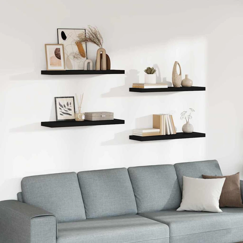 Pakabinamos lentynos, 4vnt., juodos, 80x23,5x3,8cm, MDF