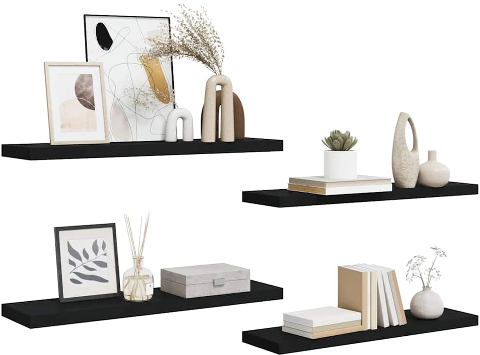 Pakabinamos lentynos, 4vnt., juodos, 90x23,5x3,8cm, MDF