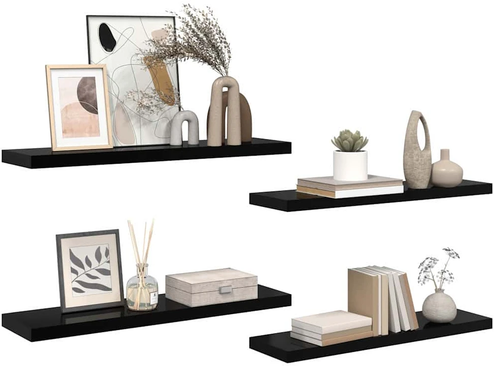Pakabinamos lentynos, 4vnt., juodos, 90x23,5x3,8cm, MDF