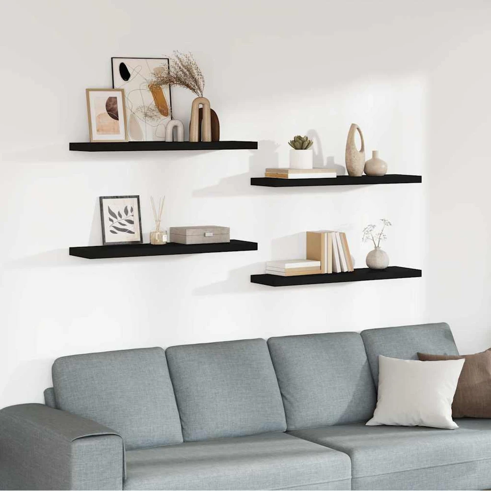Pakabinamos lentynos, 4vnt., juodos, 90x23,5x3,8cm, MDF