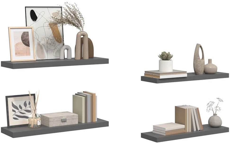Pakabinamos lentynos, 4vnt., pilkos, 80x23,5x3,8cm, MDF