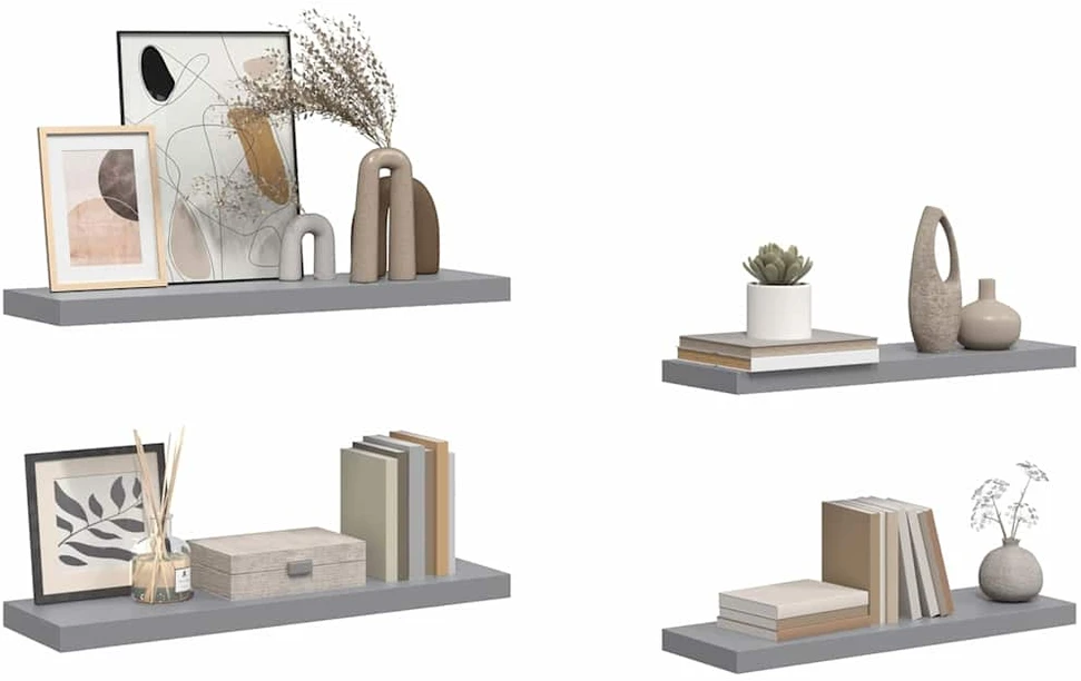Pakabinamos lentynos, 4vnt., pilkos, 80x23,5x3,8cm, MDF