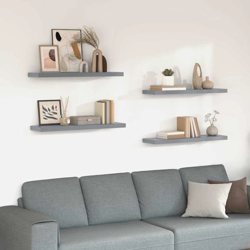 Pakabinamos lentynos, 4vnt., pilkos, 90x23,5x3,8cm, MDF