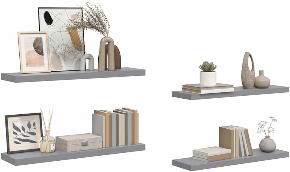 Pakabinamos lentynos, 4vnt., pilkos, 90x23,5x3,8cm, MDF