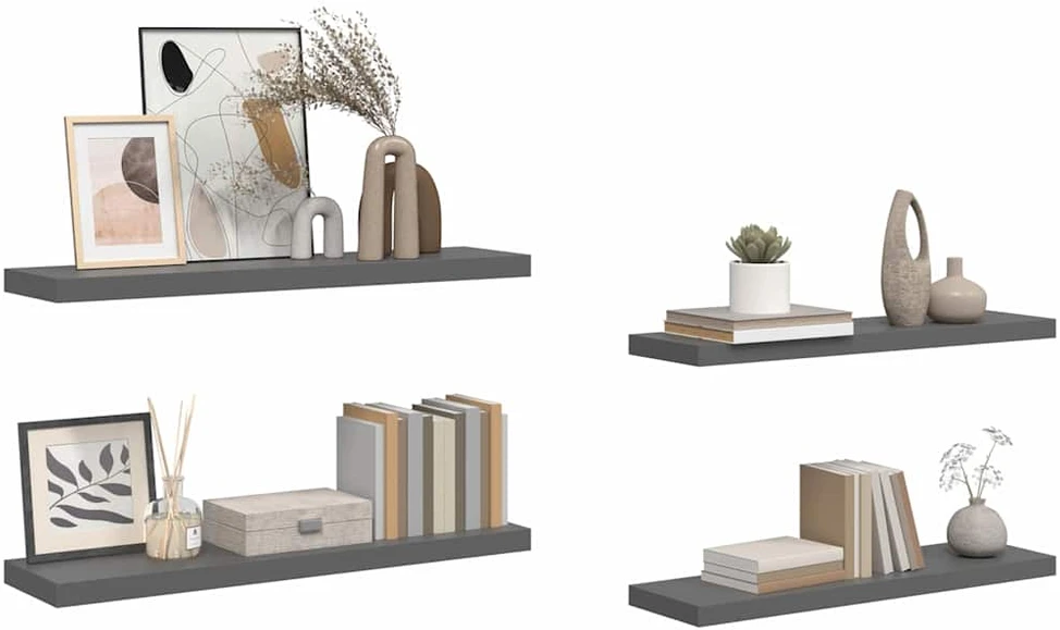 Pakabinamos lentynos, 4vnt., pilkos, 90x23,5x3,8cm, MDF