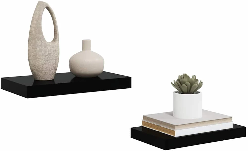 Pakabinamos sieninės lentynos, 2vnt., juodos, 40x23x3,8cm, MDF