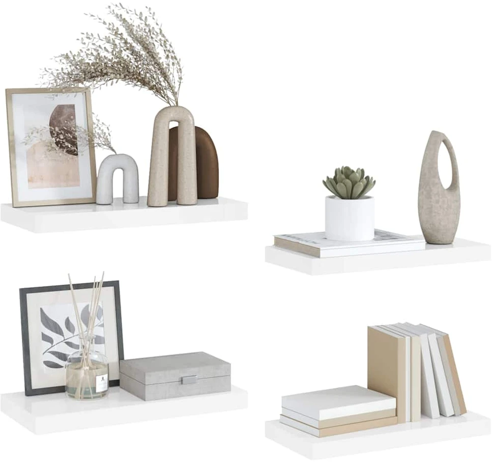 Pakabinamos sieninės lentynos, 4vnt., baltos, 50x23x3,8cm, MDF