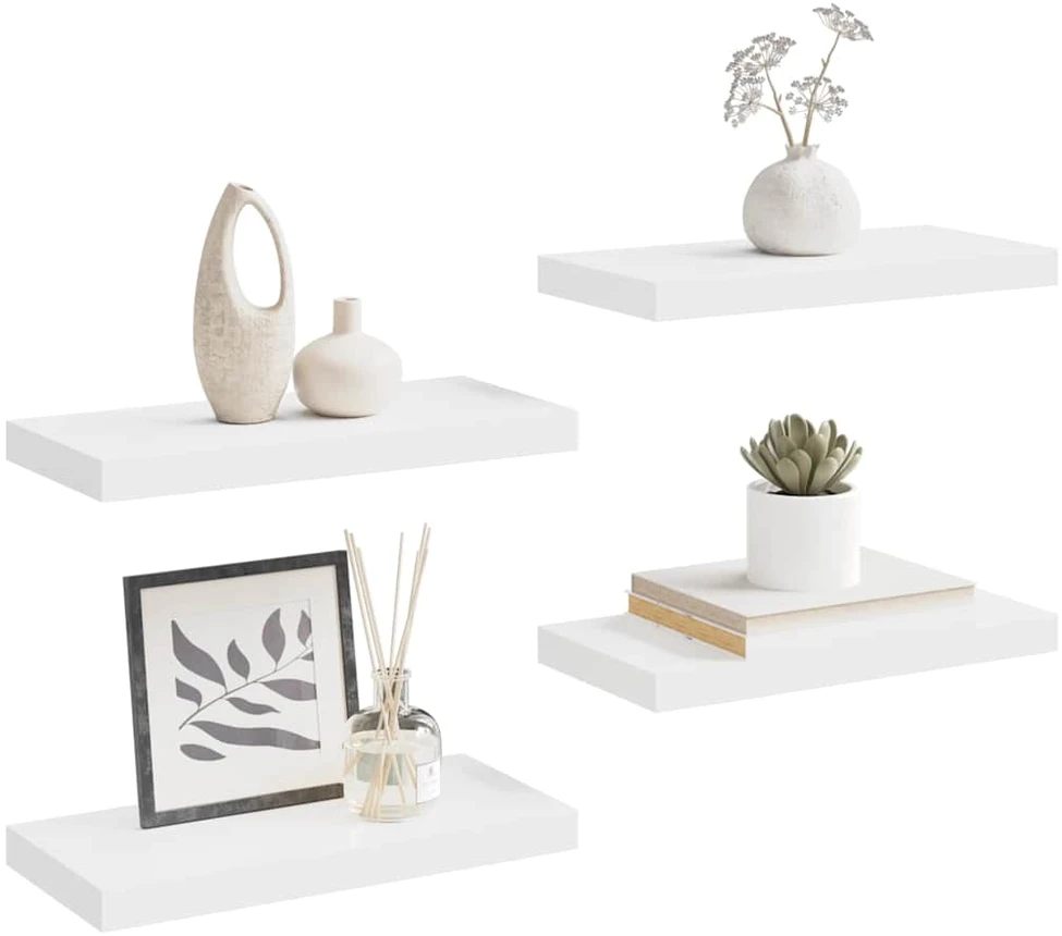 Pakabinamos sieninės lentynos, 4vnt., baltos, 50x23x3,8cm, MDF