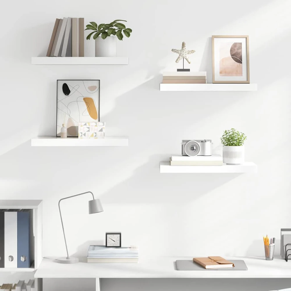 Pakabinamos sieninės lentynos, 4vnt., baltos, 50x23x3,8cm, MDF