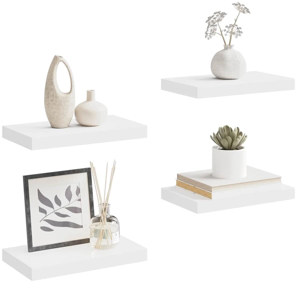 Pakabinamos sieninės lentynos, 4vnt., baltos, 40x23x3,8cm, MDF