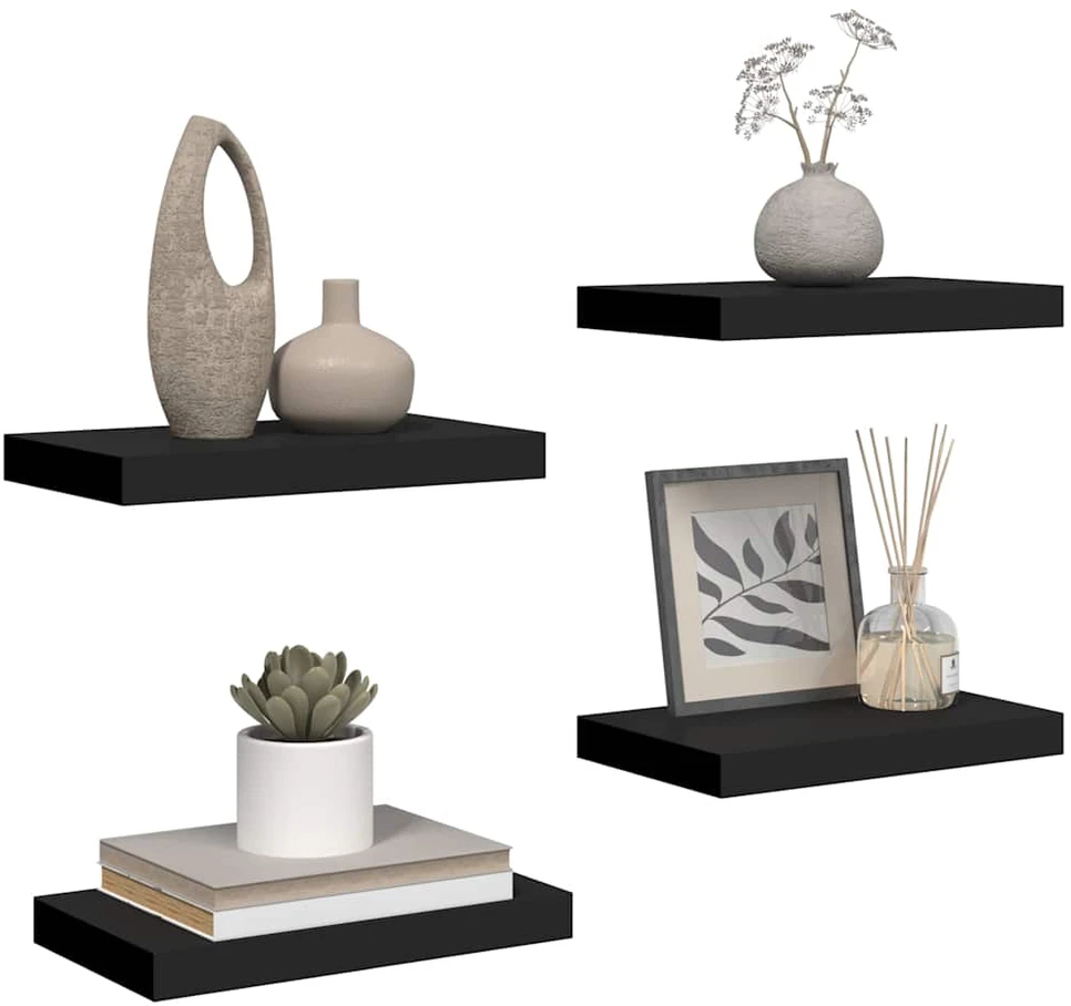 Pakabinamos sieninės lentynos, 4vnt., juodos, 40x23x3,8cm, MDF