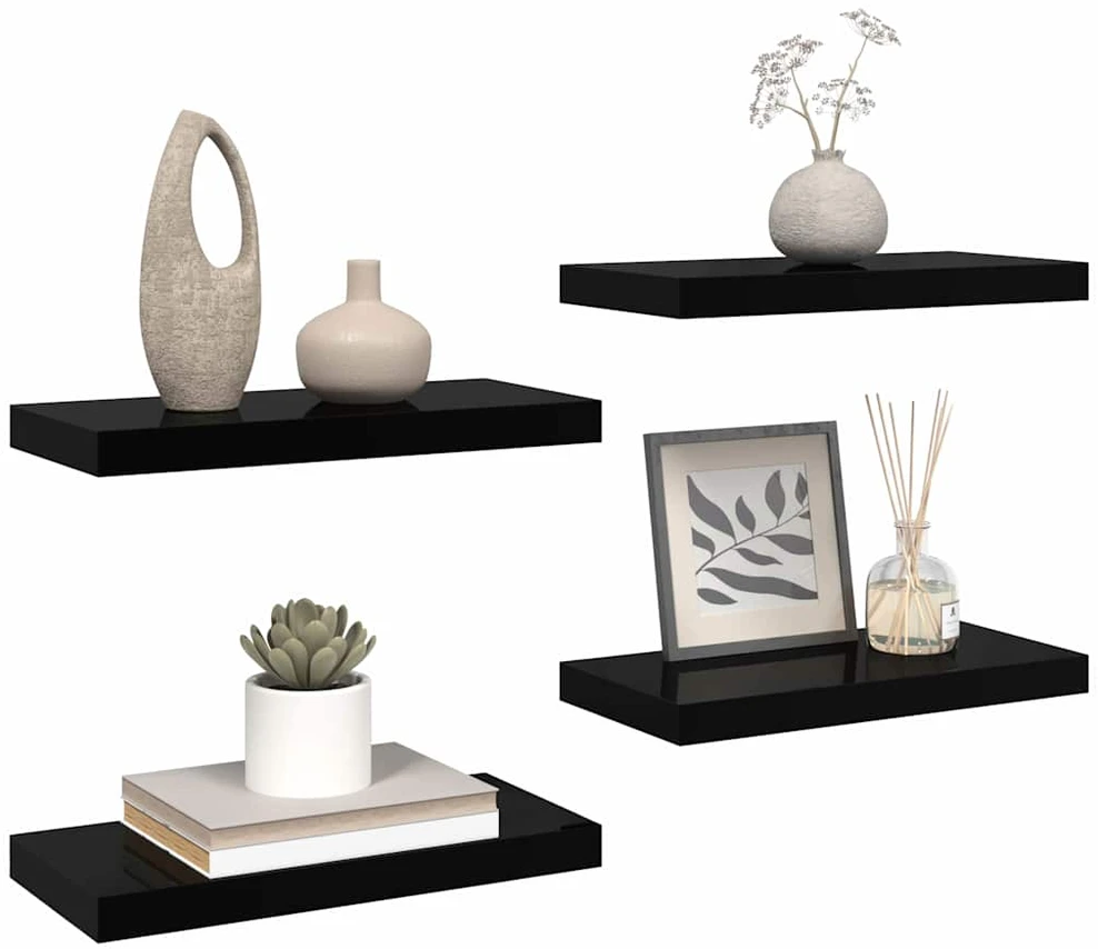Pakabinamos sieninės lentynos, 4vnt., juodos, 50x23x3,8cm, MDF