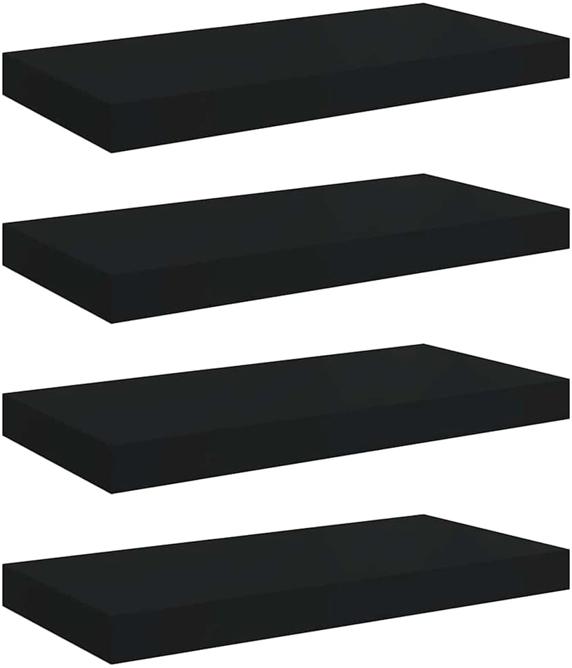Pakabinamos sieninės lentynos, 4vnt., juodos, 50x23x3,8cm, MDF