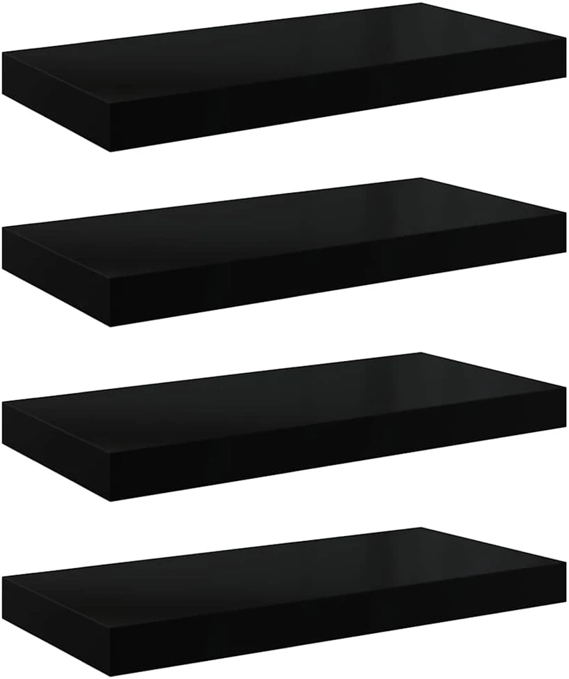 Pakabinamos sieninės lentynos, 4vnt., juodos, 50x23x3,8cm, MDF