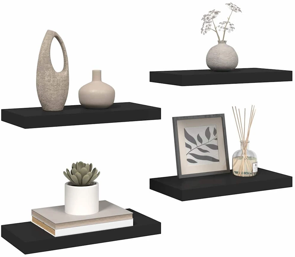 Pakabinamos sieninės lentynos, 4vnt., juodos, 50x23x3,8cm, MDF