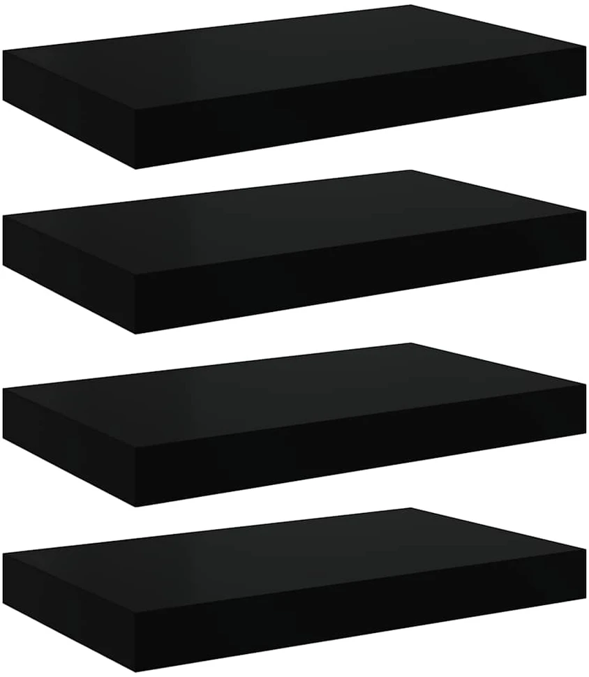 Pakabinamos sieninės lentynos, 4vnt., juodos, 40x23x3,8cm, MDF