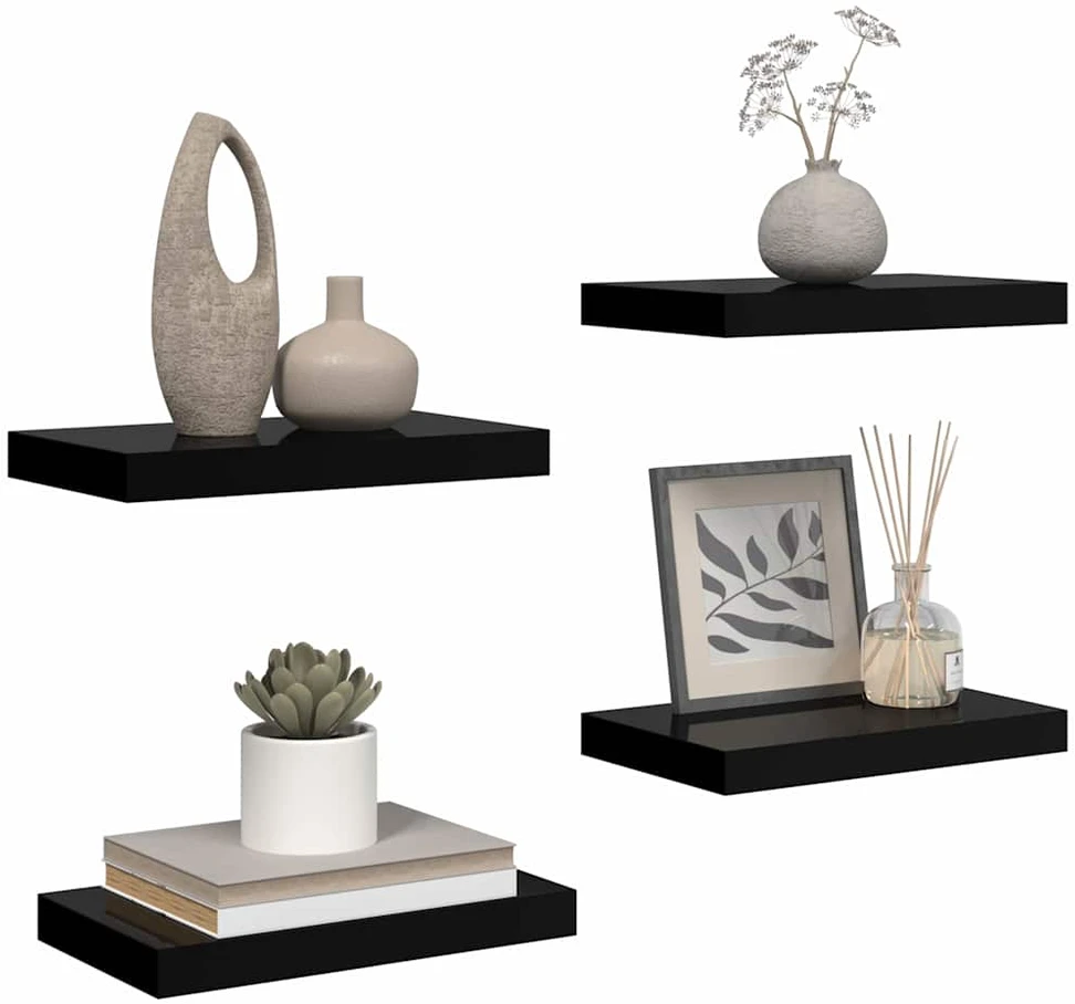 Pakabinamos sieninės lentynos, 4vnt., juodos, 40x23x3,8cm, MDF