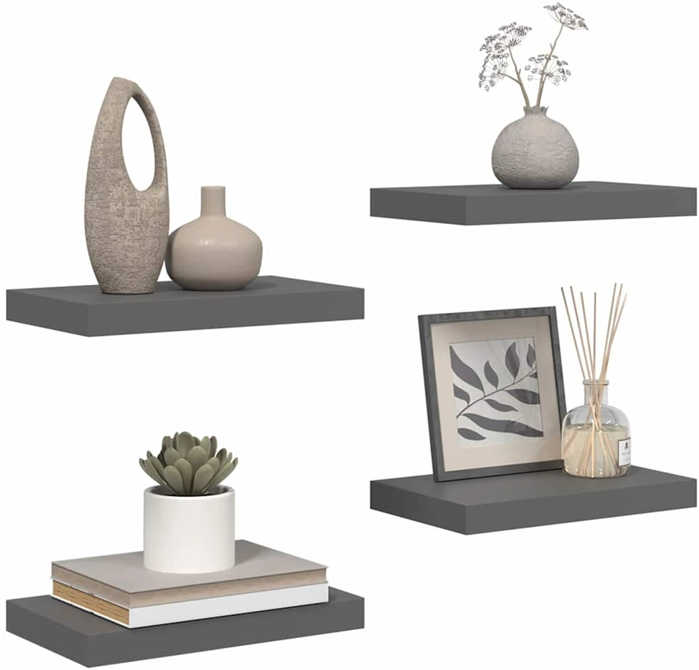 Pakabinamos sieninės lentynos, 4vnt., pilkos, 40x23x3,8cm, MDF