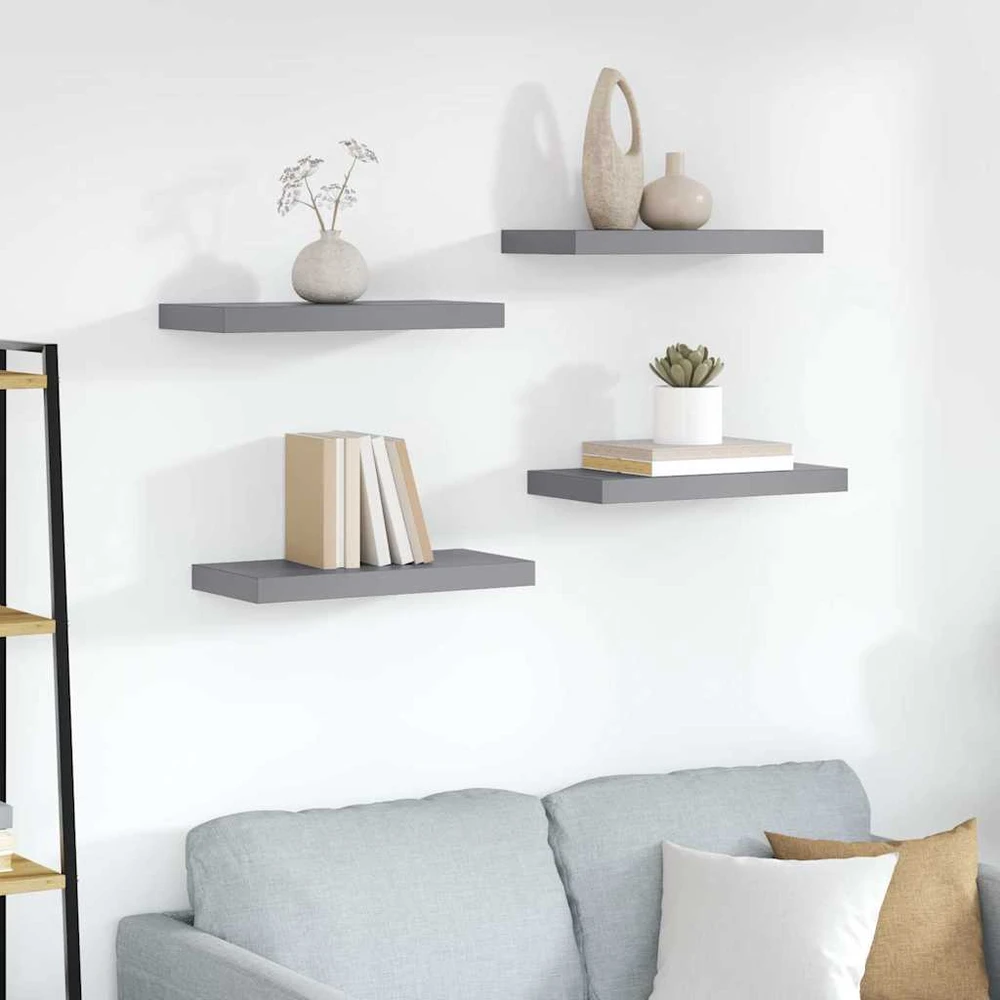Pakabinamos sieninės lentynos, 4vnt., pilkos, 50x23x3,8cm, MDF