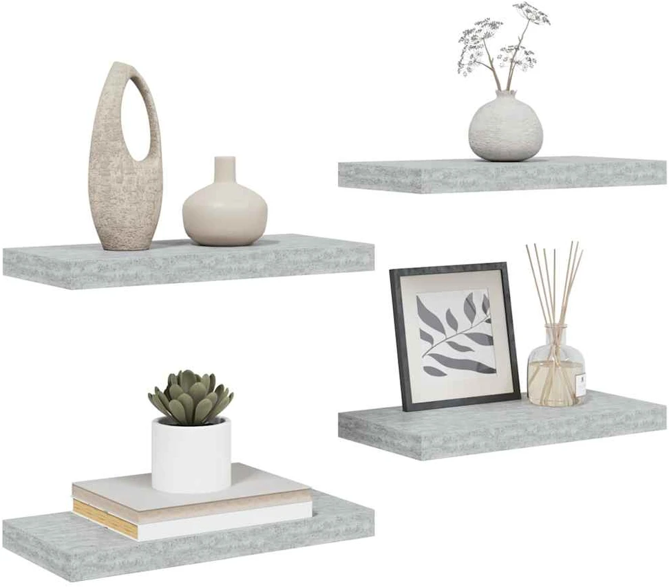Pakabinamos sieninės lentynos, 4vnt., pilkos, 50x23x3,8cm, MDF
