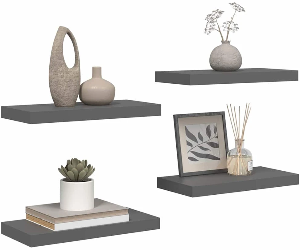 Pakabinamos sieninės lentynos, 4vnt., pilkos, 50x23x3,8cm, MDF