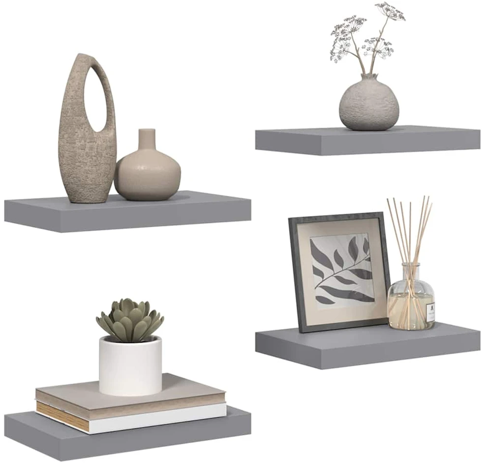Pakabinamos sieninės lentynos, 4vnt., pilkos, 40x23x3,8cm, MDF