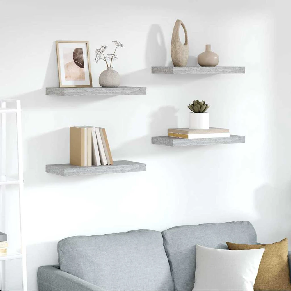 Pakabinamos sieninės lentynos, 4vnt., pilkos, 50x23x3,8cm, MDF