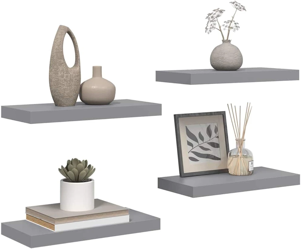 Pakabinamos sieninės lentynos, 4vnt., pilkos, 50x23x3,8cm, MDF