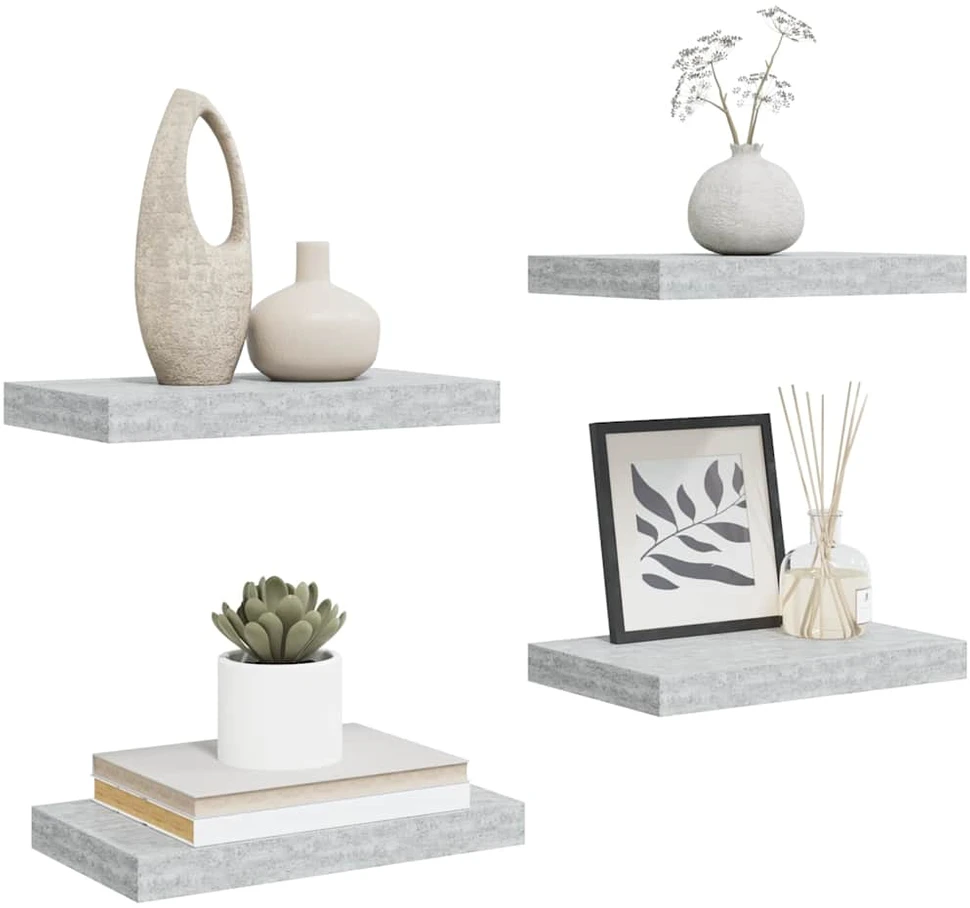 Pakabinamos sieninės lentynos, 4vnt., pilkos, 40x23x3,8cm, MDF