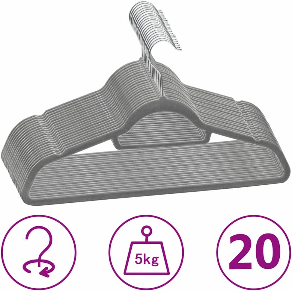 Pakabų rinkinys, 20vnt., pilkos spalvos, neslystantis aksomas