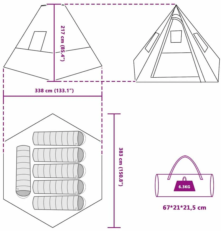 Tipi palapinė 6 asmeniui Atsparus vandeniui Žalia tafta