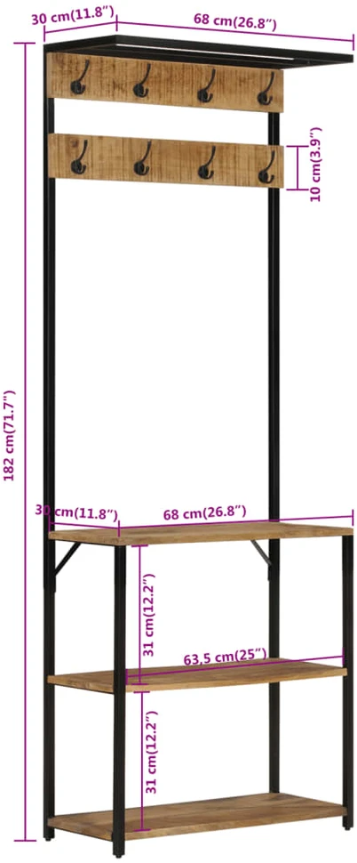 Paltų kabykla su lentyna batams, 68x30x182cm, mango masyvas