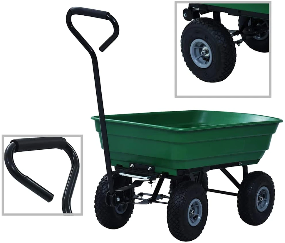 Paverčiamas rankinis sodo vežimėlis, žalios spalvos, 300kg, 75l