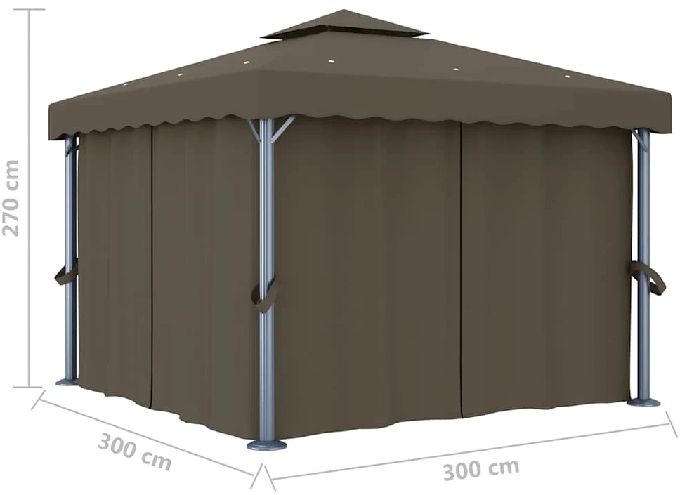 Pavėsinė su lemputėmis ir užuolaidomis LED, taupe, 3x3m