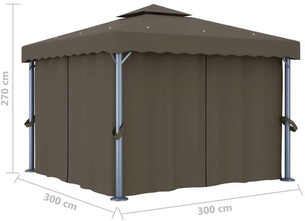Pavėsinė su lemputėmis ir užuolaidomis LED, taupe, 3x3m