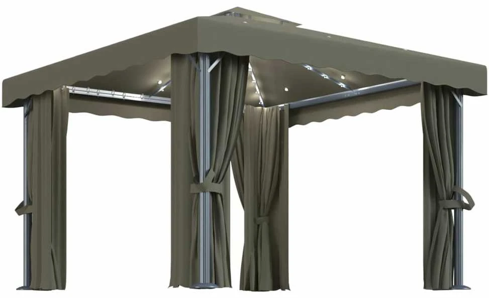 Pavėsinė su lemputėmis ir užuolaidomis LED, taupe, 3x3m