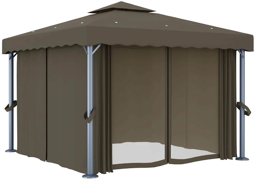 Pavėsinė su lemputėmis ir užuolaidomis LED, taupe, 3x3m