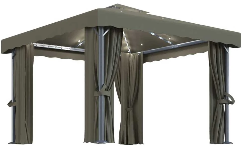 Pavėsinė su lemputėmis ir užuolaidomis LED, taupe, 3x3m