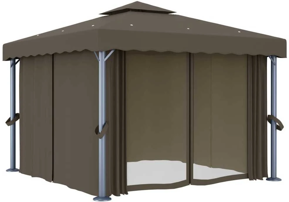 Pavėsinė su lemputėmis ir užuolaidomis LED, taupe, 3x3m