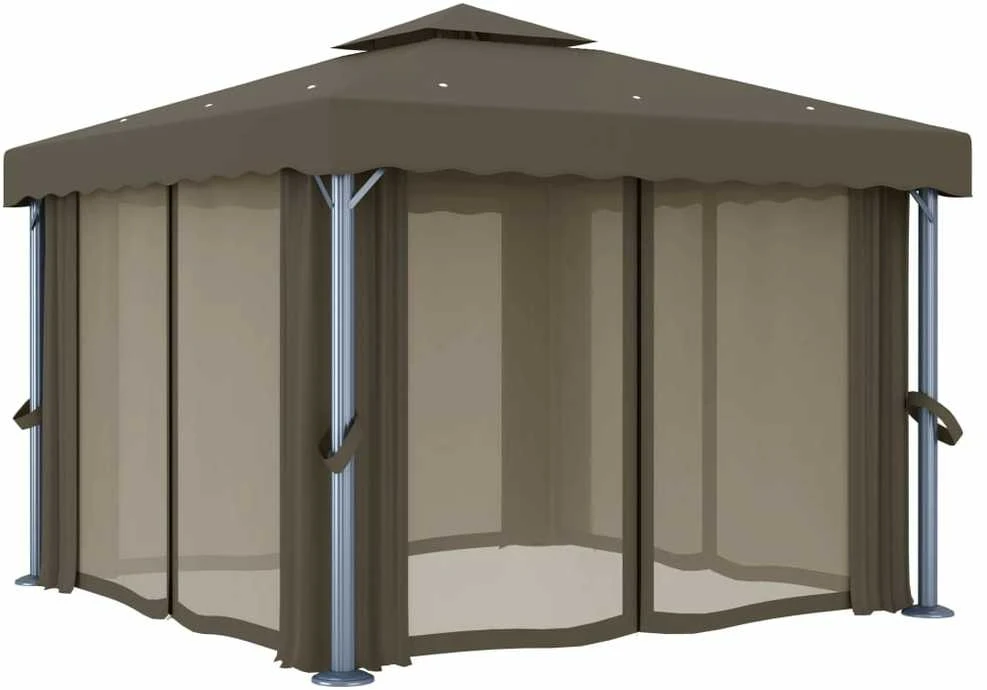 Pavėsinė su lemputėmis ir užuolaidomis LED, taupe, 3x3m