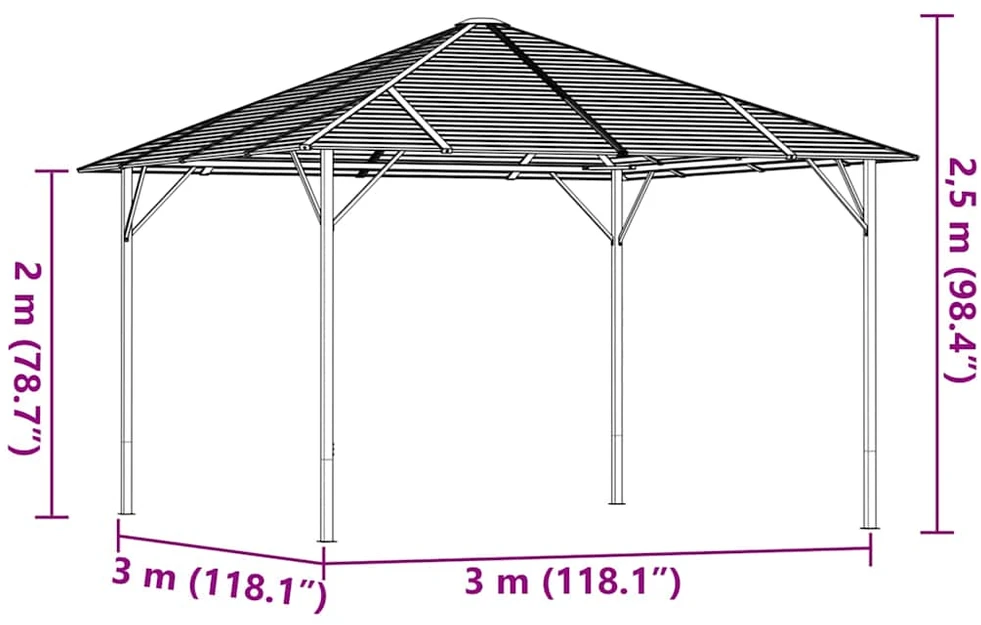 Pavėsinė su stogu, antracito spalvos, 3x3m