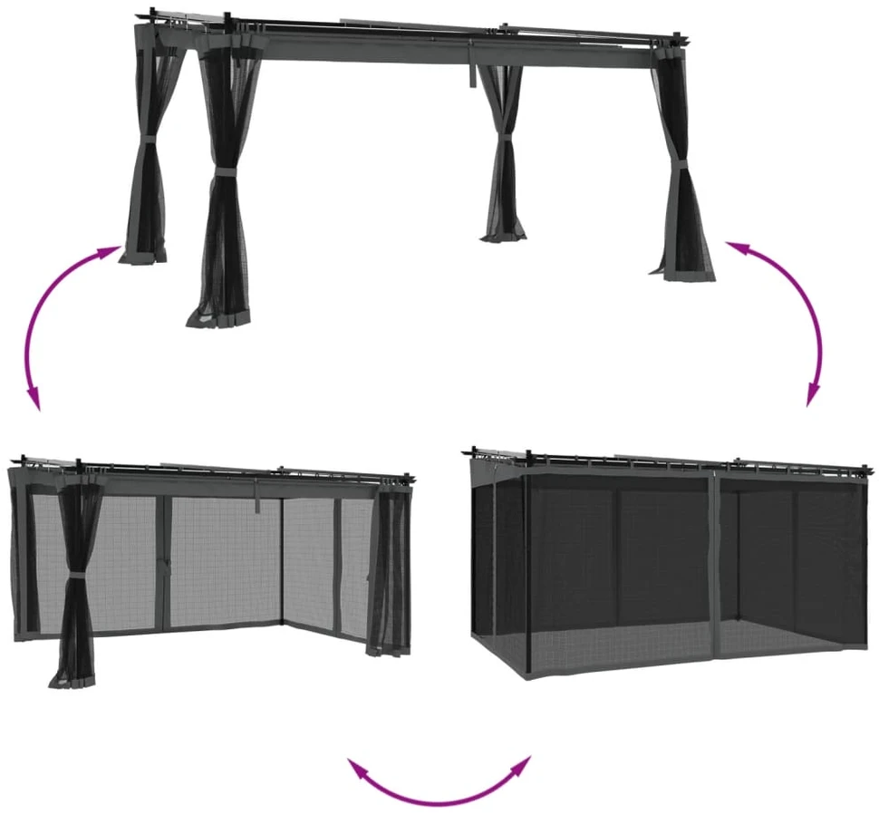 Pavėsinė su tinklinėmis sienelėmis, antracito, 4x3m, plienas