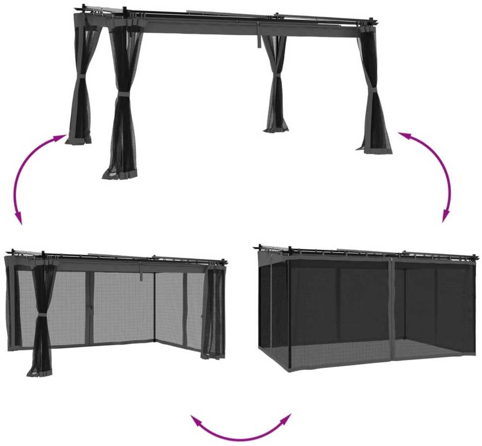 Pavėsinė su tinklinėmis sienelėmis, antracito, 4x3m, plienas