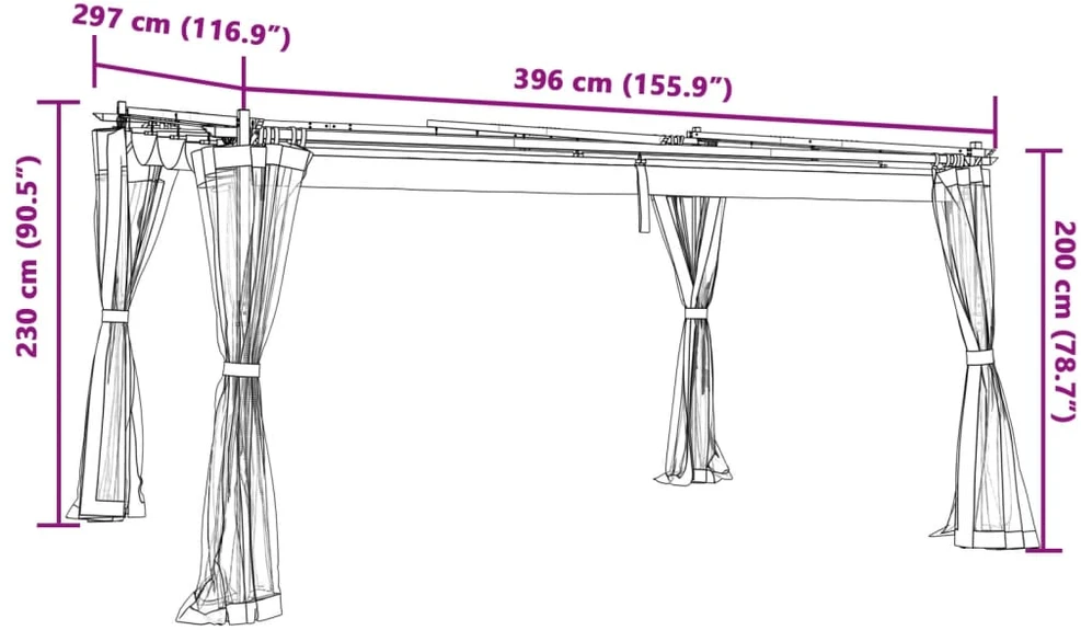 Pavėsinė su tinklinėmis sienelėmis, antracito, 4x3m, plienas
