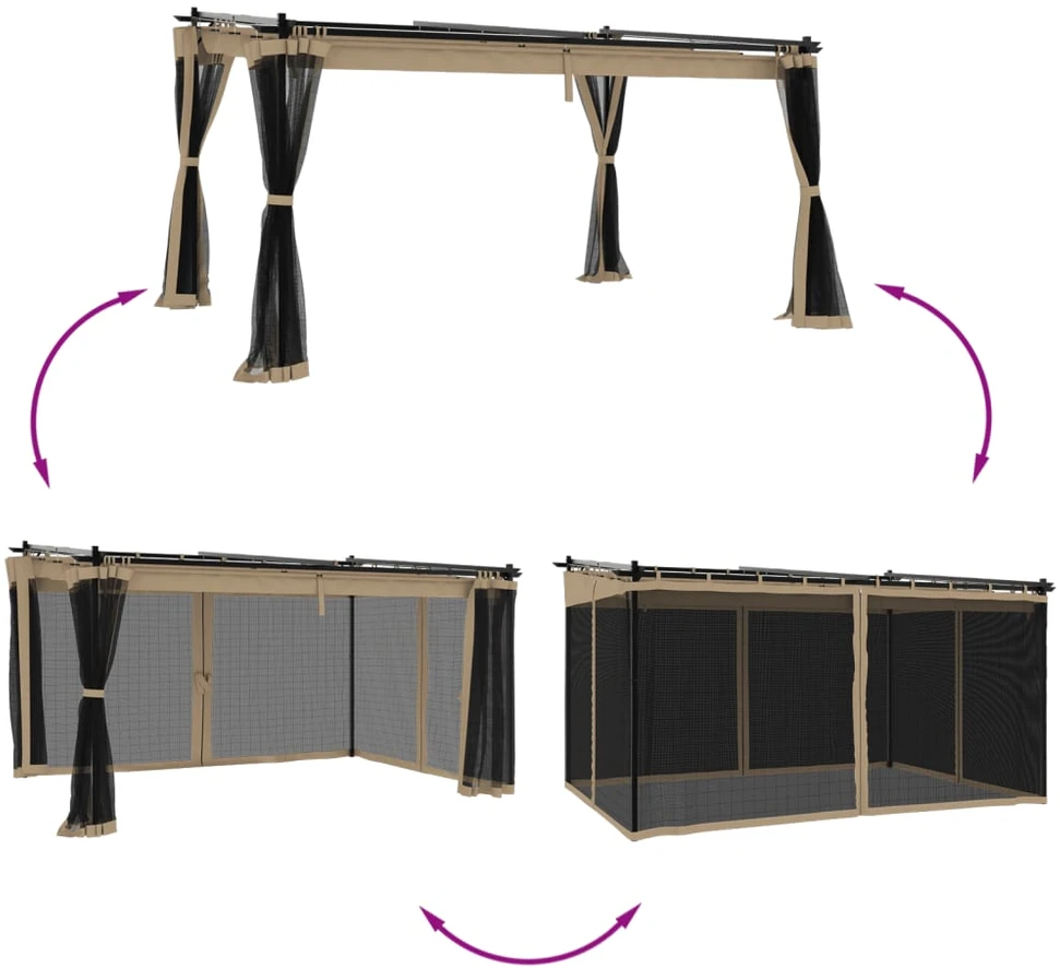 Pavėsinė su tinklinėmis sienelėmis, taupe, 4x3m, plienas